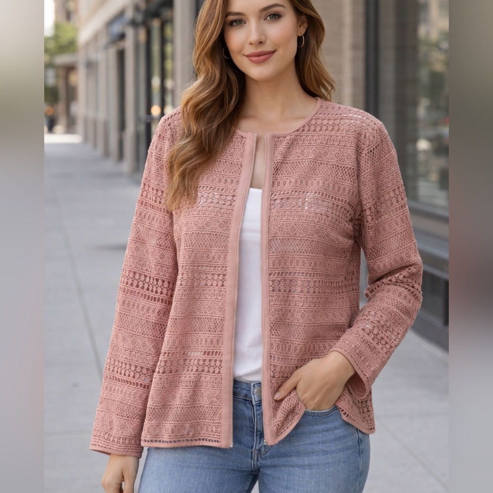 Guillaume Blush Pink Crochet Lace Zip Up Jacket Medium Boho Textured USA Made